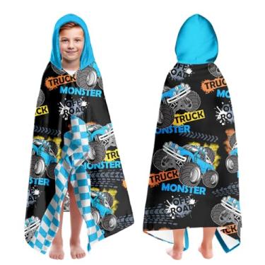 Imagem de Monster Car Print Toalhas de praia grandes com capuz para crianças de 7 a 10 anos, toalhas de banho com capuz para crianças adolescentes 89 cm x 152 cm toalha preta de secagem rápida para meninos