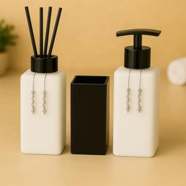 Imagem de Kit Lavabo Banheiro Luxo Square com Difusor, Sabonete Líquido e Porta Escova de Vidro(Branco Total C/Valvula Preto)