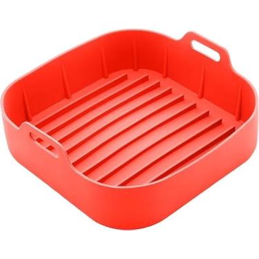 Imagem de Forma de Silicone para AirFrryer Micro-ondas Vermelha Recipiente para Cozinhar Bacon Frango Batatas com Bandeja Coletora de Gordura Utensílio de Cozinha Antiaderente quadrada