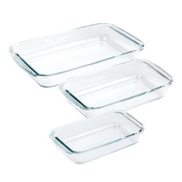 Imagem de Conjunto 3 Travessas Retangulares em Vidro (1L, 1,6L, 2,2L) – Resistente a Forno, Micro-ondas e Freezer – Para Assados, Sobremesas e Saladas