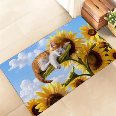 Imagem de amepay Tapete de porta interna de gato dormindo – Capacho elegante de tecido não tecido de 43 x 75 cm com design fofo de girassol de gatinho, capachos de fazenda, para varanda, quarto, sala de estar