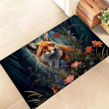 Imagem de amepay Tapete de porta interior floral raposa, elegante 43 x 75 cm capacho de chão de tecido não tecido com estilo de arte de floresta mística, capacho para amantes de animais, para varanda, quarto