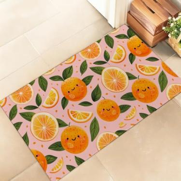 Imagem de amepay Tapete de porta interior laranja fofo – Capacho elegante de tecido não tecido de 43 x 75 cm com design divertido de frutas cítricas e sorridentes, para varanda, quarto, sala de estar -
