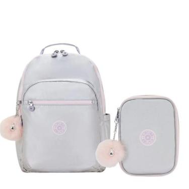 Imagem de Kit Escolar Mochila Kipling Seoul + Estojo 100 pens Silver Glow Met