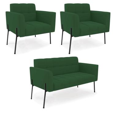 Imagem de Sofá Namoradeira E 2 Poltronas Pé De Ferro Preto Elisa Veludo D03 - D'rossi Cor Verde