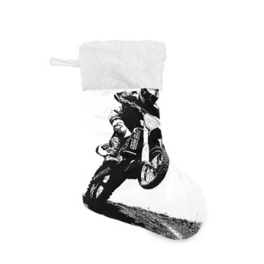 Imagem de ATTX Pacote com 2 meias de Natal Motocross Rider com punho de pelúcia branco - Decoração de Natal para presentes, meia de 43 cm (550)