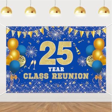 Imagem de JOYMEMO Pano de fundo de reunião de classe de 25 anos de 1,5 x 0,9 m - Decorações de reunião de 25ª turma azul e dourada, fundo fotográfico para escola primária, universidade, bem-vindo de volta