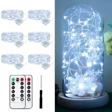 Imagem de Pacote com 6 luzes de fadas operadas por bateria com controle remoto de 2 metros, 20 LEDs, mini cordão de luzes cintilantes, à prova d'água, 8 modos de luzes de lua estrelada de vaga-lume para potes