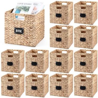 Imagem de Jinei 12 peças de cesta de armazenamento de vime, 25 x 25,5 x 25,4 cm x 25,4 cm, cesto dobrável de cubo de armazenamento com alças e etiquetas para prateleiras, despensa, lavanderia, cozinha