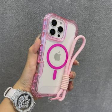 Imagem de Capa de celular com alça magnética transparente neon e cordão para iPhone 16, 15 Plus, 14, 13, 12 e 11Pro Max, à prova de choque, rosa fluorescente, para iPhone 13 Pro