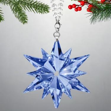 Imagem de FestivEra Enfeite de estrela de cristal de Natal 2025, enfeite de cristal de floco de neve de vidro azul com corrente e fita branca, caixa de presente para nova decoração de casa