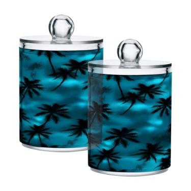 Imagem de Qilmy Qtip Suporte de boticário de 400 ml, palmeira havaiana, azul, frasco de armazenamento de boticário com tampa, dispensador de recipiente de banheiro para bola de algodão, cotonete, fio dental