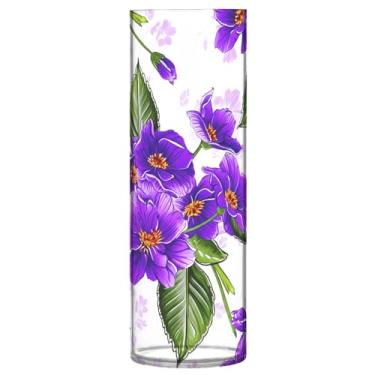 Imagem de JUZIHAI Vaso de flores com padrão floral roxo 9,9 cm x 30 cm de cilindro de plástico moderno para decoração de casa de centro de mesa de casamento