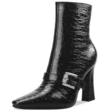 Imagem de Perisis Botas de cano curto, salto alto, grosso, preto, bico quadrado, fechado, curto, com zíper lateral, salto de 10 cm, padrão de crocodilo para mulheres e mulheres sexy, Padrão preto, 37