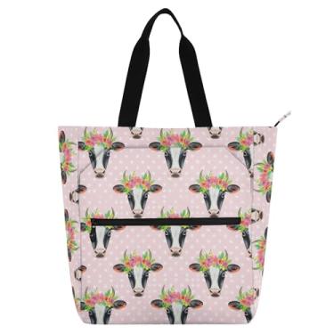 Imagem de Bolsa de ombro com estampa de flores e cabeças de vaca para crianças e adultos em tecido Oxford resistente à água