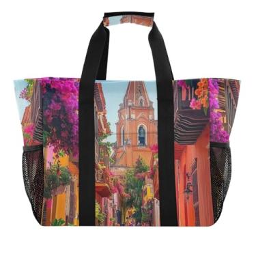 Imagem de ODAWA Bolsa de compras de lona dobrável pitoresca Street Cartagena para viagens e compras, bolsa esportiva dobrável para viagens à praia, Rua pitoresca Cartagena, One Size