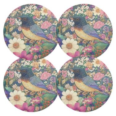 Imagem de Jogo americano colorido de flores de pássaro, conjunto de 4 tapetes redondos de PVC, decorações de mesa de 38 cm para sala de jantar, antiderrapante, para festa de Natal