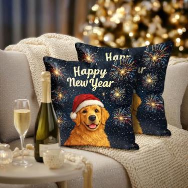 Imagem de HOMETITUTE Conjunto de 2 capas de almofada de cachorro feliz ano novo 45,7 x 45,7 cm chapéu de Papai Noel fogos de artifício à noite capas de almofada rústica fazenda férias inverno fronhas para sofá
