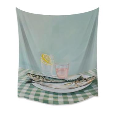 Imagem de Tapeçaria de parede minimalista de sardinhas, bebidas, mesa quadriculada, cozinha, retrô, decoração de café costeiro, ilustração de bebida de peixe fresco, pôster de tecido pastel macio para área de