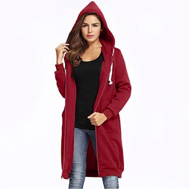 Imagem de Snsowed Nova Moda Feminina Com Capuz Longo Moletom Com Capuz Casaco Casual Bolsos Zíper Sólido Jaqueta (S)