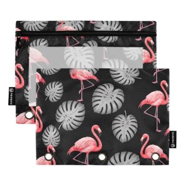 Imagem de Pasta para lápis flamingos cinza, folhas tropicais, preta, 2 unidades, 3 anéis, fichário com zíper, estojo para cosméticos