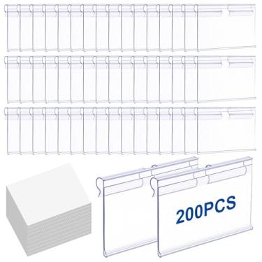 Imagem de Suporte de etiqueta de prateleira de arame de plástico com 200 peças de inserções de papel de etiqueta, placa de cartão reutilizável transparente para prateleira de preço transparente para despensa