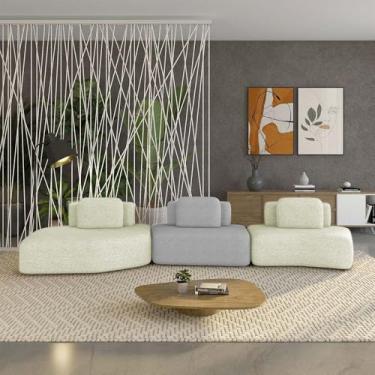 Imagem de Sofá Ilha Sala de Estar Dakota 3 Módulos 484cm Encostos Almofadas Soltas Bouclê Rústico OffWhite/Cinza G33 - Gran Belo