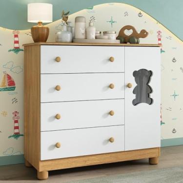 Imagem de Cômoda Infantil 95cm 1 Porta com Vidro e 4 Gavetas Fofura Multimóveis Mp4484 Madeirado/branco