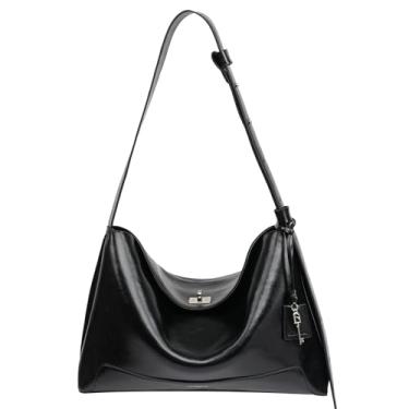 Imagem de LA'FESTIN LAFESTIN Bolsa de ombro feminina de couro legítimo, bolsa tiracolo moderna com alça ajustável para uso diário, Preto