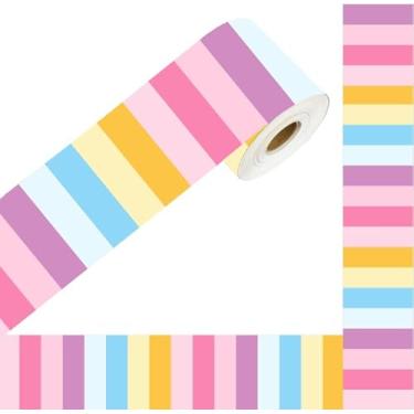 Imagem de JarThenaAMCS Borda de quadro de avisos listrados de 20 metros, cor pastel, acabamento de borda enrolada para decoração de parede retrô Groovy para sala de aula, quadro-negro