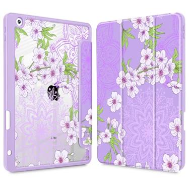 Imagem de Mektron Capa impressa para iPad de 10,2 polegadas 2021/2020/2019, para iPad 9ª/8ª/10ª geração, porta-lápis embutido com capa à prova de choque transparente + suporte de três dobras, flor Sakura - roxo
