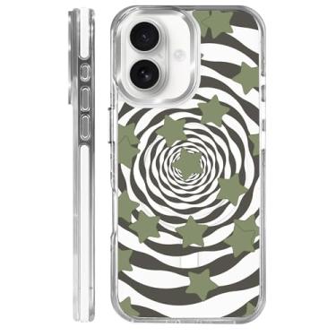 Imagem de MQJCYB Capa Magnética para iPhone 16 Design em Base Transparente, Compatível com MagSafe, Capa Protetora Fina de TPU Macio Capa de Telefone Mulheres Meninas - Vórtice Camuflagem Estrela Verde