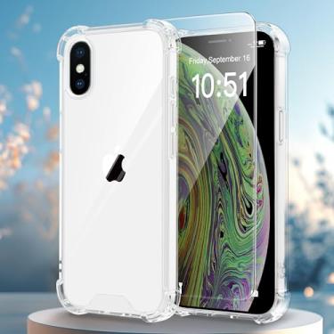 Imagem de Capa para iPhone Xs com 1 protetor de tela, capa para iPhone X com cantos de proteção aérea, à prova de choque, antiarranhões, capa traseira de policarbonato rígido para iPhone X/Xs 5,8 polegadas