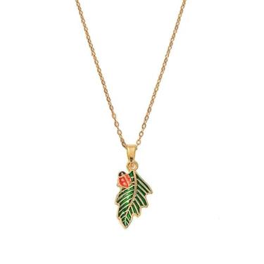 Imagem de Cykdohy Colar com pingente de joaninha de folha verde para mulheres, corrente de elos ajustáveis delicados, esmaltados, insetos, besouros, gargantilha moderna, joias de aniversário, presentes de boa