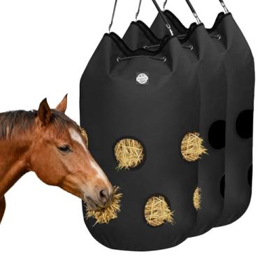 Imagem de Nesfanchu 3 sacos de feno para cavalos, alimentador lento pendurado 1200D Oxford cilíndrico saco de feno, rede grande abertura orifício de alimentação, saco de feno, cavalo, cabras, ovelhas, vacas e