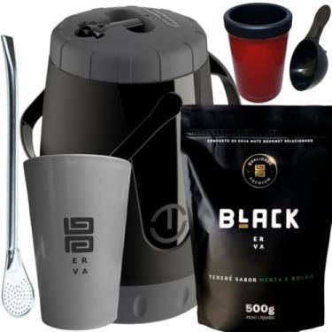 Imagem de BLACK ERVA, Kit Tereré Black Erva Mate 500g Garrafa Pávia Lisa 2,5L Copo Acrílico Cinza Bomba de Ferro Cromada (MENTA E BOLDO)