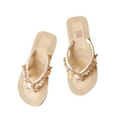 Imagem de MakeMeChic Sandália feminina com estampa de estrela do mar, verão, praia, bico aberto, boho, sandálias rasteiras, Bege, 38