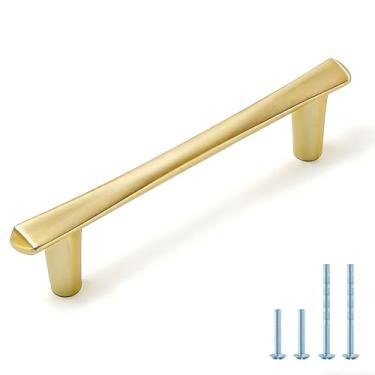 Imagem de FNFAI Pacote com 10 puxadores dourados de 128 mm (128 mm) Puxadores de armário de latão escovado centrais de gaveta de cômoda dourada puxadores de ferragens para cozinha, banheiro, quarto, móveis