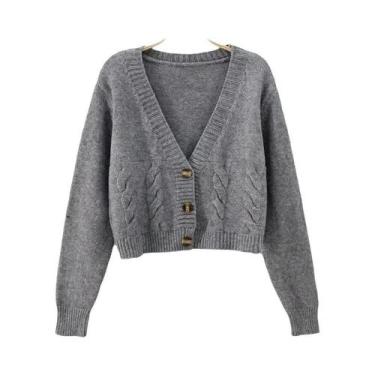 Imagem de Cardigan Cropped Feminino Com Decote Em V, Suéter De Manga Longa Tranç