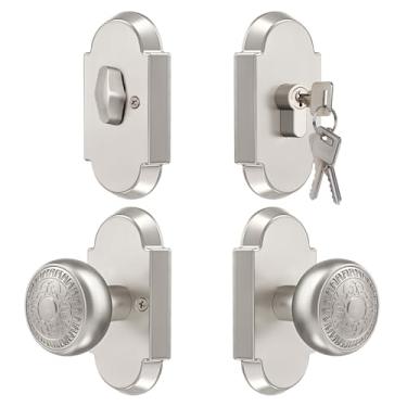 Imagem de BonKuDoo Maçaneta de porta de passagem com pacote combo de fechaduras de cilindro único, conjunto de fechadura semelhante com chave para portas internas/externas, níquel acetinado