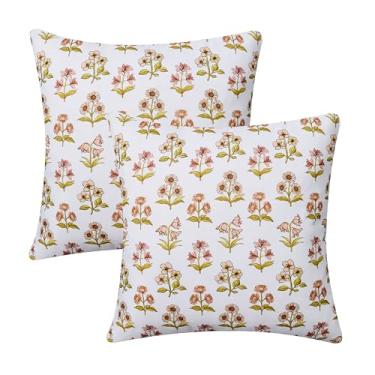 Imagem de Conjunto de 2 capas de almofada para ambientes externos, 45,7 x 45,7 cm, estampa floral, marrom, verde, boêmio, para primavera, verão, ao ar livre, impermeável, fazenda, sofá-cama, decoração de casa