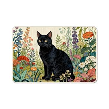 Imagem de kaiwern Capacho de gato preto gato floral tapete de boas-vindas tapete de porta engraçado tapetes de entrada ao ar livre tapetes decorativos animais fofos tapetes de porta para entrada externa sala de