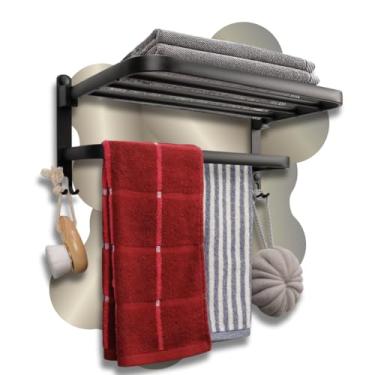 Imagem de Porta Toalha Duplo Retrátil Luxo 60cm com Ganchos, Anticorrosão, Toalheiro Dobrável com Prateleira, Fixação com Cola ou Parafuso, Ideal para Banheiro e Lavabo – Qualidade Premium LNSTORE