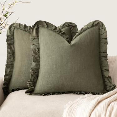 Imagem de Foindtower Conjunto de 2 capas de almofada decorativas com franja e babado macio boho fazenda capa de almofada aconchegante retrô para sofá, cama, sala de estar, decoração de casa, 56 x 55 cm, verde