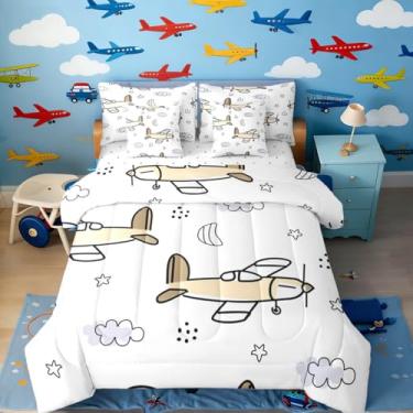 Imagem de Erosebridal Jogo de cama de casal com desenho animado de avião fofo para crianças e adultos, amarelo e branco, conjunto de cama moderno de avião desenhado à mão com 7 peças