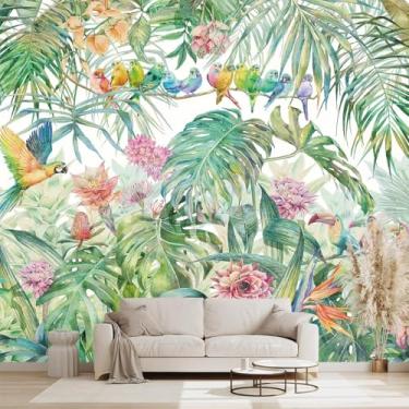 Imagem de WXHFM - Flores botânicas verdes tropicais pássaros folha papel de parede quarto planta mural floral decoração de quarto sala de estar tv fundo mural de parede grande - 138 x 96 polegadas (não descasque e cole)