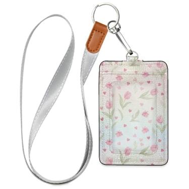 Imagem de Burbuja Porta-crachá de couro com cordão, etiqueta de identificação de flores com 1 janela transparente para identidade e 2 compartimentos para cartão para escritório, enfermeira, professor, médico
