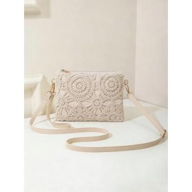 Imagem de Bolsa tiracolo feminina de crochê elegante bolsa de praia a céu aberto bolsa de ombro com detalhe floral bolsa casual boho de palha, bege, Bege