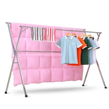 Imagem de Escorredor de roupas de aço inoxidável dobrável e ajustável resistente com rodas de 360°, suporte independente para lavanderia, capacidade de 75 kg, solução de economia de espaço de 2 m