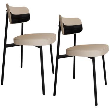 Imagem de Kit 02 Cadeiras Estofada Para Sala De Jantar Astrid Preto C01 Linho Areia Courino Preto - Lyam Decor